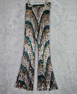 Pantalones de Lentejuelas Nasty Gal Talla 0 Dorado Cintura Alta Ajuste y Acampanado Estampado de Onda Funky Retro - Imagen 1 de 24