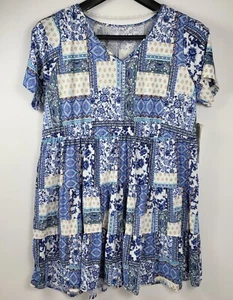 Just Be Ladies Size 2XL Blue Patchwork Knee Length Short Sleeve V-Neck Dress New - Picture 1 of 6