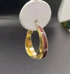 Hoop Earrings Gold Tone Purple Enamel Two Loops Overlap - Picture 1 of 8