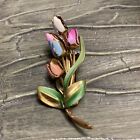 Vintage Antique Brooch Pin Enamel Tulips Flowers Made In Austria,Over 60 Yrs Old