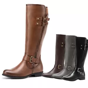 Women Motorcycle Knee High Boots Low Heel Round Toe Zip Up Riding Boots - Picture 1 of 26