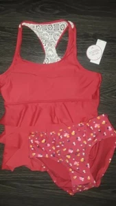Girls justice knot lace cut out bk 2pc tankini size  8 new neon red floral  - Picture 1 of 3