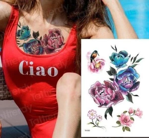 Flowers Bird Womens Temporary Tattoos Fake Sticker Tattoo Chest Arm Waterproof - Picture 1 of 5