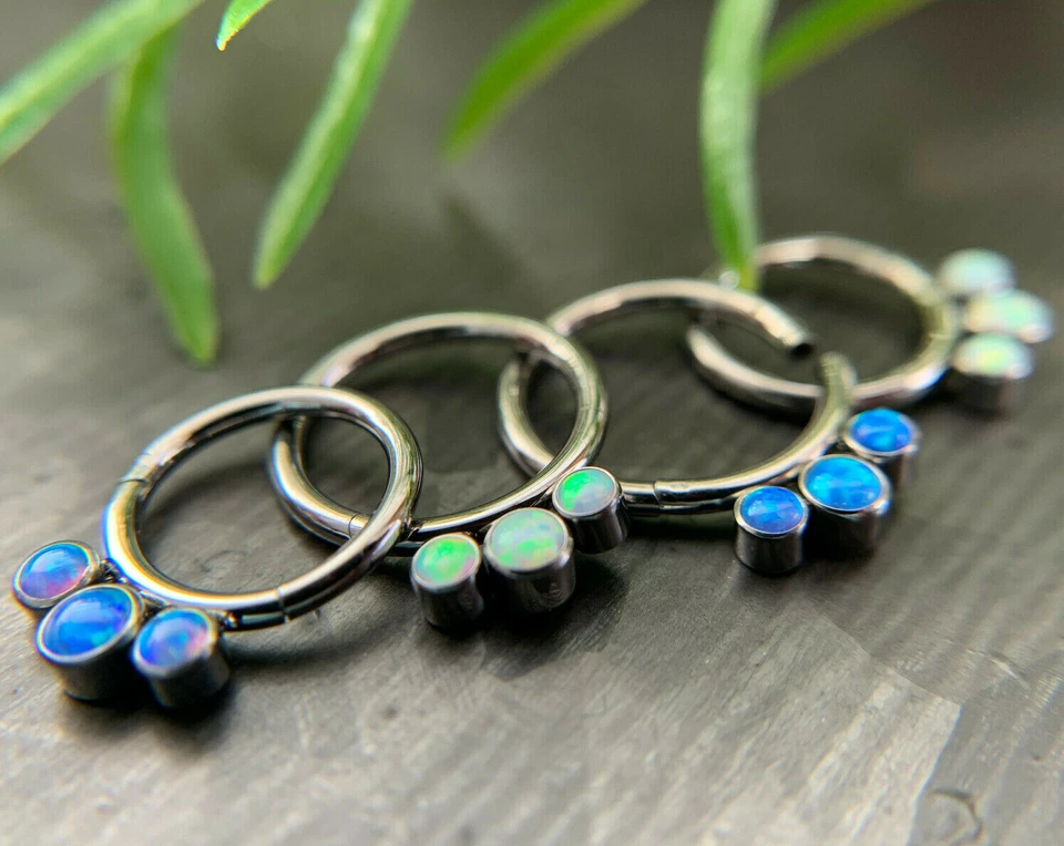 1pc Solid Titanium 3 Bezel Set Opals Hinged Segment Ring Helix Septum Clicker - Image 1 of 4