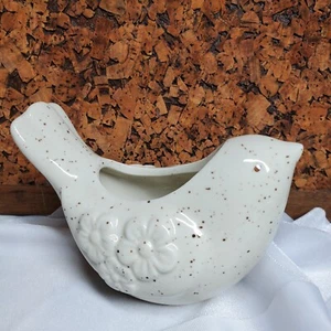 Glazed White Brown Speckled Sweet Bird Flowers Small 3.5" Mini Holder Planter - Picture 1 of 11