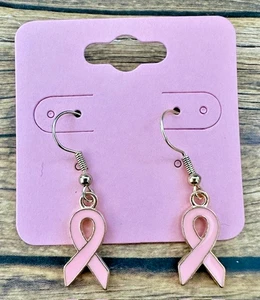 Hypoallergenic Dangle Earrings Pink Ribbon Awareness Cute RTS - Picture 1 of 1