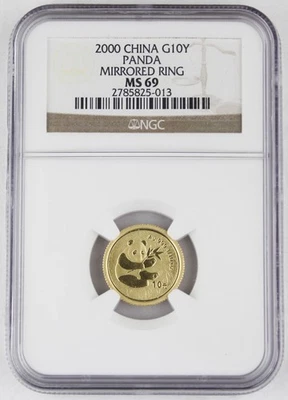 Anillo espejo moneda panda oro China 2000 10 yuanes 1/10 oz NGC MS69 mejor variedad Foto 1 de 4