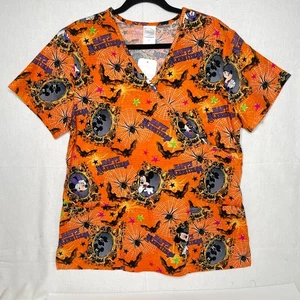 New Disney Halloween Scrub Top Womens Medium Orange Mickey and Friends NWT - Picture 1 of 11