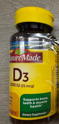 1 BOTELLA Nature Made 100 comprimidos Vitamina D3 1000 UI Exp 9/26 Foto 1 de 4
