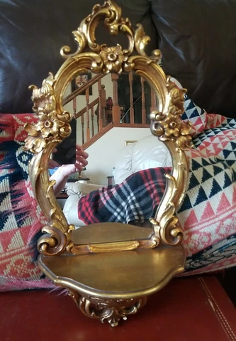 VINTAGE SYROCO HOLLYWOOD REGENCY GOLD WALL MIRROR WITH SHELF SHABBY USA 1970 Cover