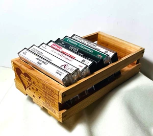 Wood Storage Crate  Christmas Audio Cassette Tapes •7• Joan Baez  Dolly Parton + - Picture 1 of 11