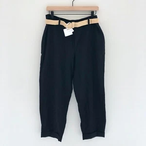 NWT ZARA Size 4 Linen Straight Leg Pants with Belt Relaxed Fit Black - Picture 1 of 5