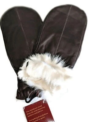 Guantes para dedos de cuero forrados de piel de conejo blanco Cire para dama, marrón, grandes Foto 1 de 4