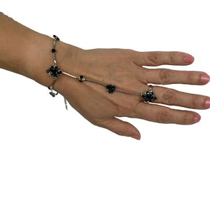 Black Jewelled Slave Bracelet Linked Finger Ring, Fashion Costume Jewellery Gift - Bild 1 von 16