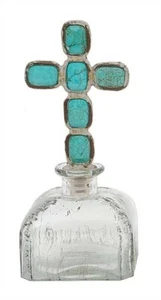 Botella corta antigua de vidrio con cruz turquesa - Imagen 1 de 16