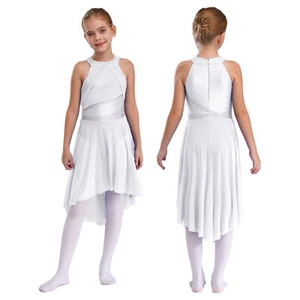 Girl Lyrical Dance Dress Modern Dancewear Sleeveless Sequins Bodice Waist Outfit - Picture 1 of 162
