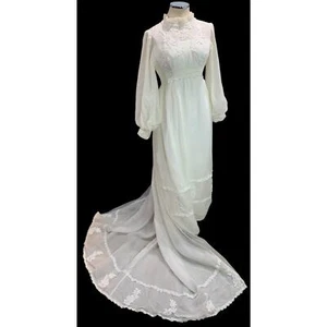 Vintage 1970s Wedding Dress Bishop Sleeve Ivory Detachable Train Defects - Picture 1 of 11