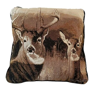 Hayden Lambson Signed 16” Throw Pillow Tapestry Deer Buck Brown Black Square - Picture 1 of 6