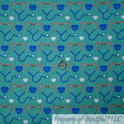 BonEful FABRIC Cotton Quilt Green Red White Blue Heart Health Dr Nurse Stripe RX - Image 1 of 4