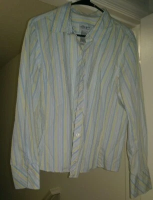 Camisa Top Blusa Villager Liz Claiborne Mujer Talla 18 Azul Blanco Amarillo Rayas Foto 1 de 3