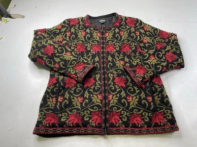 Vintage Icelandic Design Jacket Women Medium Wool Cardigan Full Zip Lined Floral - Image 1 of 4