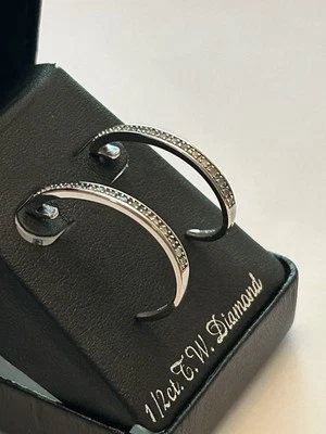 $305 NEW WITH TAGS Sterling Silver 1/2 CTW DIAMOND J-HOOP HOOP EARRINGS - Image 1 of 4