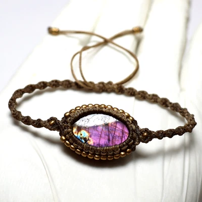 Aurora Purple~ Natural Labradorite Mystical Hand Made Macrame Crystal Bracelet - Image 1 of 4