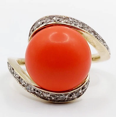 Bague tourbillon vintage or 14k cabochon orange et diamant - Photo 1/4