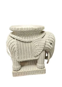 Vtg Rattan Wicker Elephant Table Side End Plant Stand Boho White Braided 20" - Picture 1 of 11