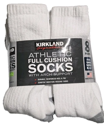 Paquete de 8 calcetines deportivos Kirkland Signature acolchados completos, nuevos, talla 8-12, hechos en EE. UU. Foto 1 de 3