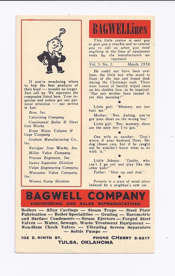 1958 POSTAL CARD RED & BLACK ADV. BAGWELL CO. BOILERS, CASTINGS, ETC - Image 1 of 1