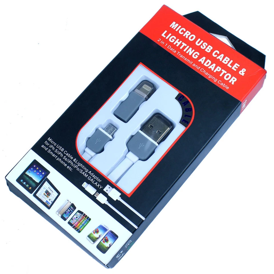 2 in 1 40" Micro USB Sync-Charge Cable with 8-pin Adapter for iPhone Galaxy HTC - Image 1 of 1