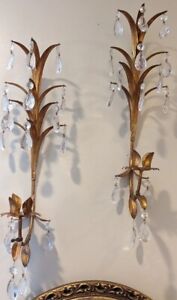 Vintage Pair Gold Gilt Tole Italian Italy Plume Wheat 20" Sconces Crystals