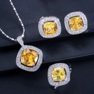 Yellow Cubic Zirconia Austrian Crystal Necklace Earrings Ring Silver Plated Set - Image 1 of 4