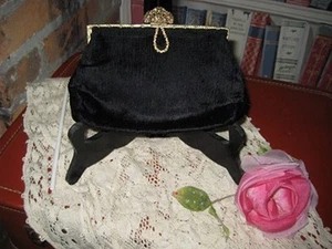 Vtg Purse handbag clutch Evening decorative unique Beaded Clasp Black  - Picture 1 of 9