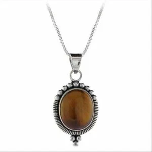 925 Silver Tigers Eye Bali Beaded Oval Pendant, 18" - Picture 1 of 1