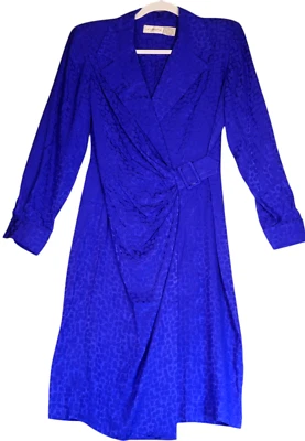 Vintage Liz Claiborne Wrap Dress Womens 10 P Petite Blue 100% Silk Shoulder Pads - Image 1 of 4