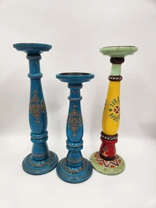 Lot of 3 Wood Colorful Hand Painted Boho Candle Holders Hand Crafted in India - Picture 1 of 24