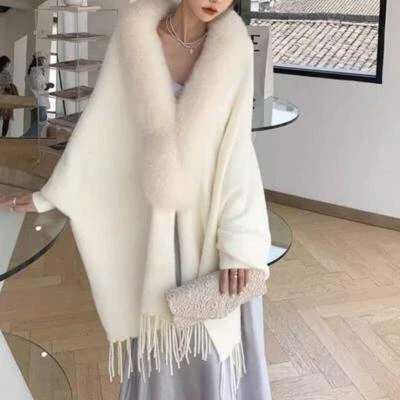 Autumn Winter Womens Mid Long Capel Cloak Faux Fur Collar Coat Overcoat Knitwear - Image 1 of 4