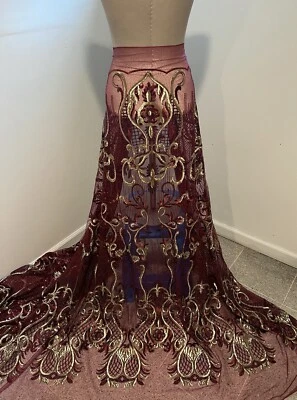 Burgundy Gold Embroidery Sequins Lace Fabric 50” Width Sold By Yard - Image 1 of 4