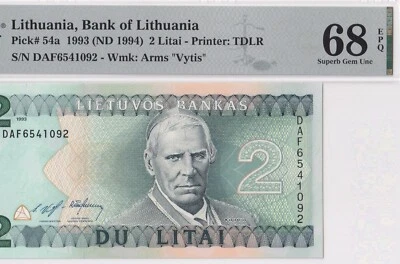 LITHUANIA-2 LITAI-1993 (ND 1994)-PICK 54a-#6541092 **PMG 68 EPQ SUPERB GEM UNC** - Image 1 of 3