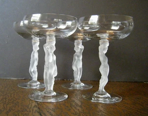 Lot 4 Vintage Bayel France Male Nude Bacchus Frosted Stem 5 ¾” Champagne Sherbet - Picture 1 of 7