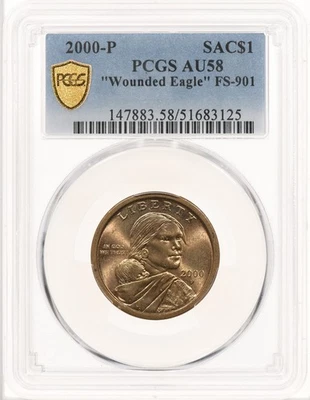 2000-P SAC$1 PCGS AU58 Wounded Eagle FS-901 Sacagawea Dollar Speared Variety - Image 1 of 3