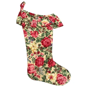 VTG Floral Christmas Stocking Ruffled Cuff Rose Holiday Decor Cottage Coquette - Picture 1 of 7