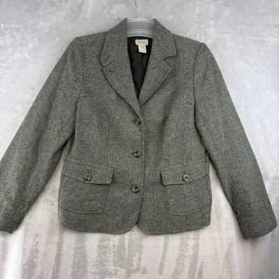 LL Bean Blazer Jacket Womens Medium Green Herringbone Wool Silk Tweed - Image 1 of 4