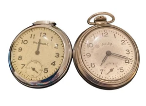 Vintage Pair Pocket Watch Set Westclox Bull's Eye & Biltmore Parts Only - Picture 1 of 10