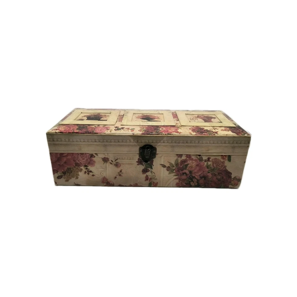 Floral Triple Photo Frame Keepsake Jewelry Storage Box Hinged Latch Decorative - Image 1 of 4