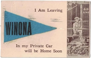 Winona,MN Felt Pennant Leaving In My Private Car 1912 Minnesota Postcard - Picture 1 of 2