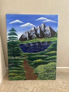 Art Original Acrylic Lake and Mountains Canvas Painting | Portrait Size 18x24 - Picture 1 of 2