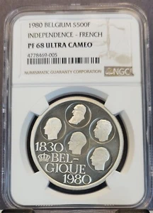1980 BELGIUM SILVER 500 FRANCS INDEPENDENCE NGC PF 68 ULTRA CAMEO RARE TOP POP 1 - Picture 1 of 3